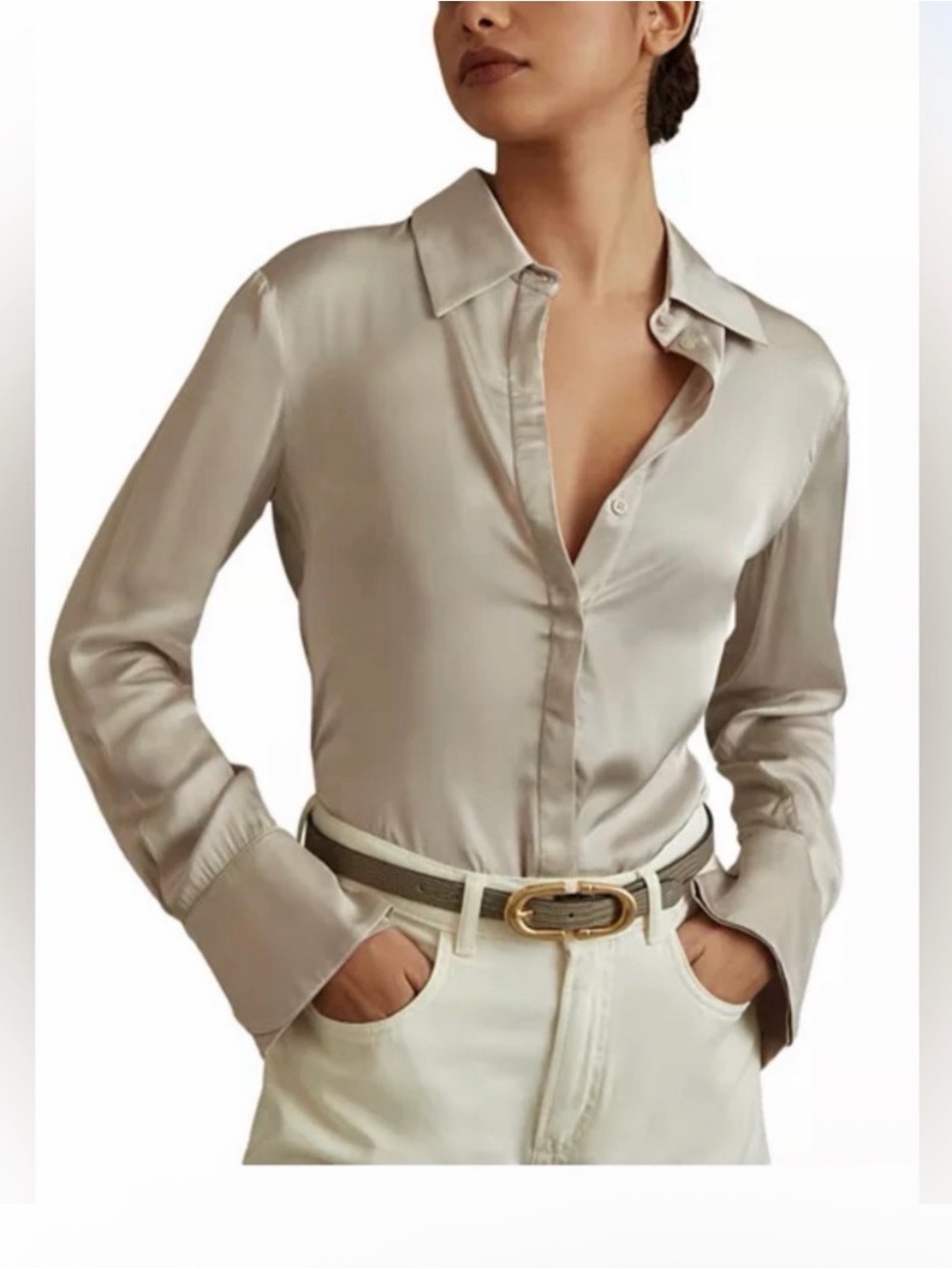 Reiss Satin Button-Down Blouse in Light Taupe